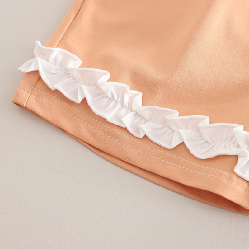 Girls Peach Printed Raglan Sleeves T-Shirt With Ruffled Shorts Set 2 pc. Sets