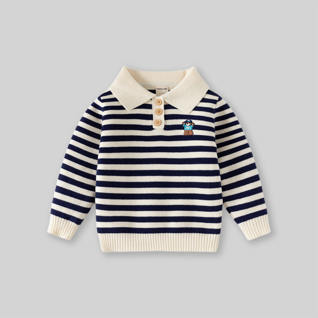 Boys Apricot Polo Sweater With Self-Design Stripe Patterns Sweaters & Cardigans