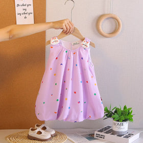 Girls Purple Printed Sleeveless Balloon Dress With Rabbit Appliqued Casual Dresses Purple 1-2 Y