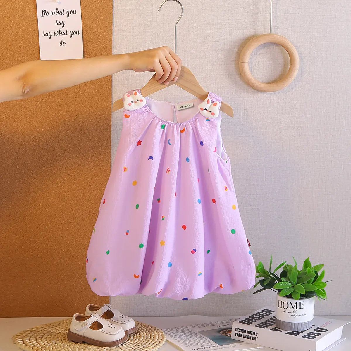 Girls Purple Printed Sleeveless Balloon Dress With Rabbit Appliqued Casual Dresses Purple 1-2 Y