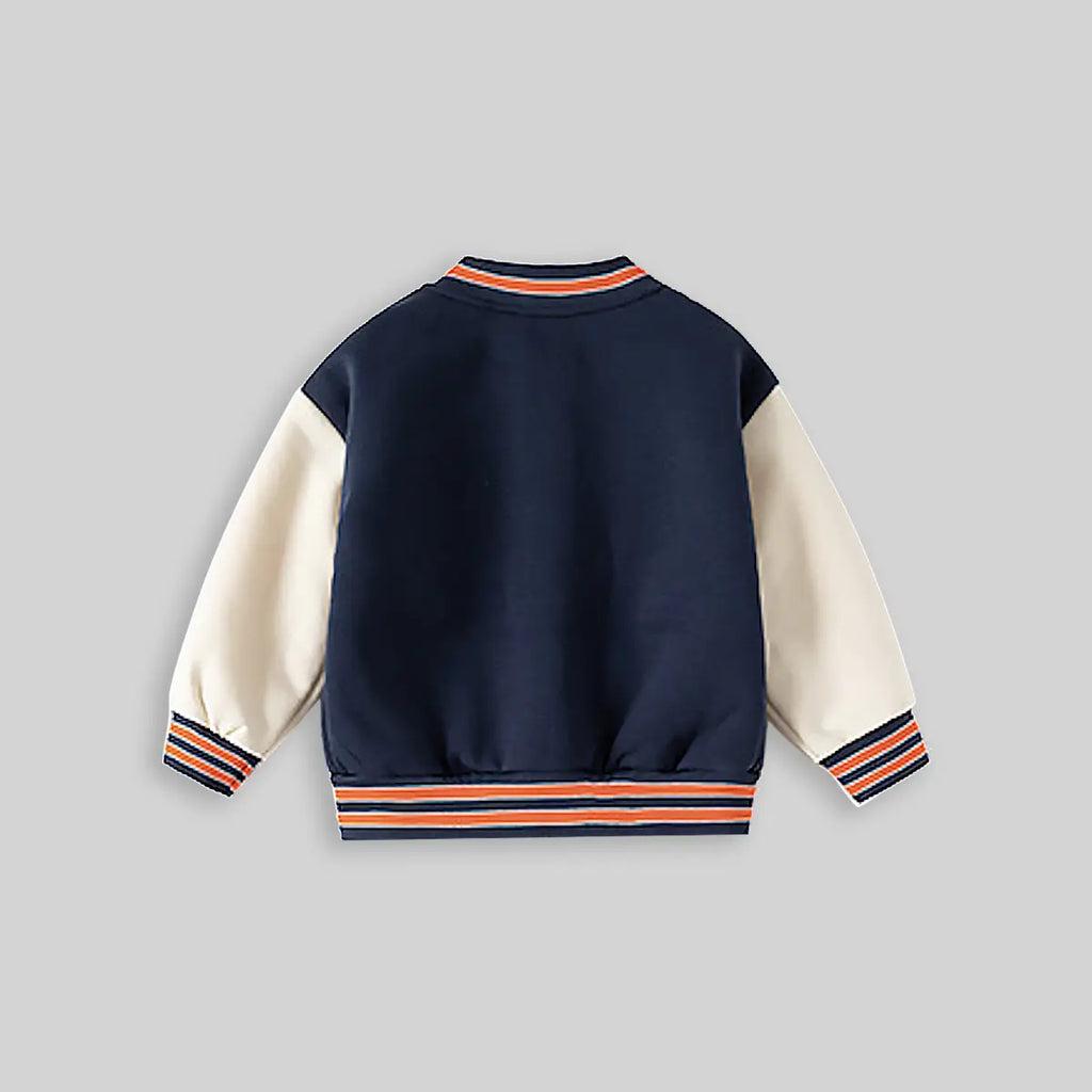 Boys Navy Blue Bear Cartoon Applique Varsity Jacket Coats & Jackets