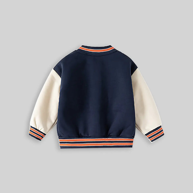Boys Navy Blue Bear Cartoon Applique Varsity Jacket Coats & Jackets