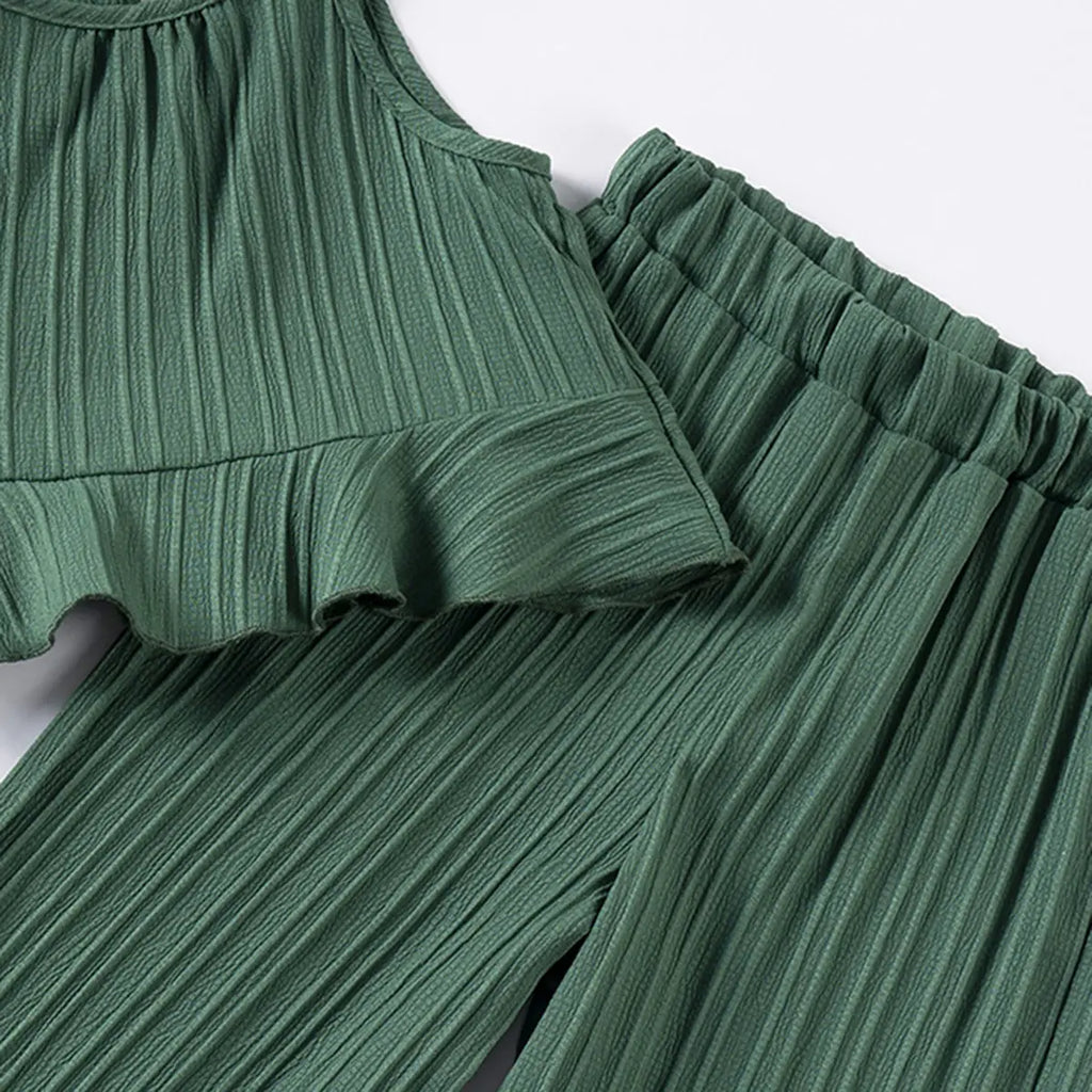 Girls Dark Green Self Stripe Peplum Top With Pants Co-ord Sets Sets