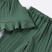 Girls Dark Green Self Stripe Peplum Top With Pants Co-ord Sets Sets