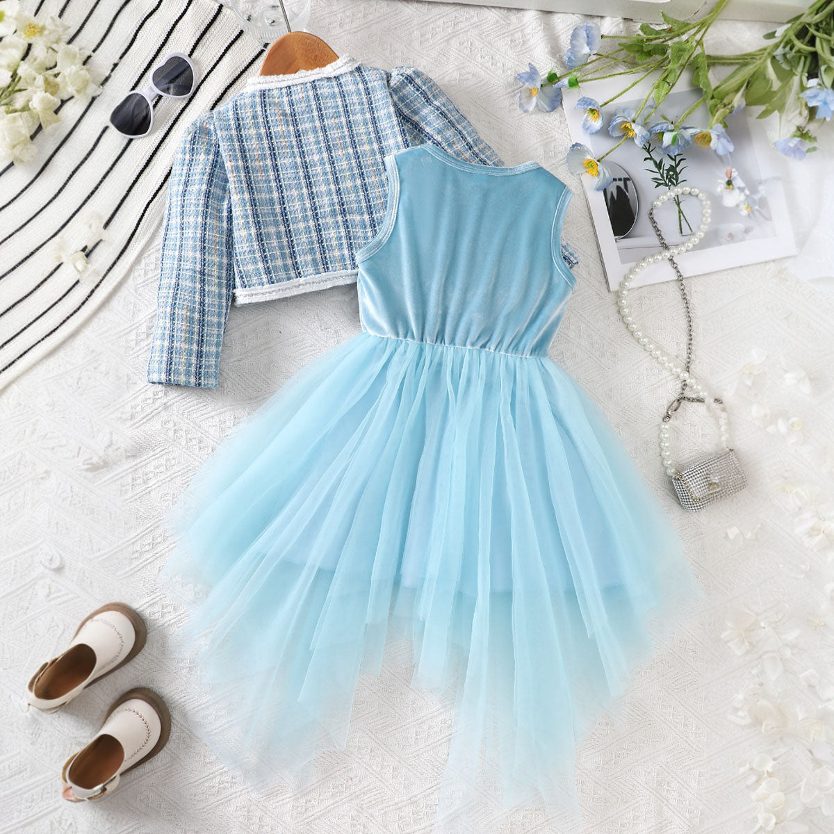 Girls Blue Velventeen Tulle Party Dress with Tweed Coat Party Dresses