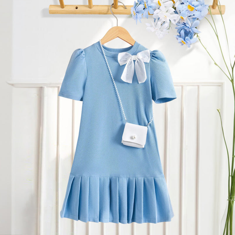 Girls Sky Blue Short Sleeves Pleated Bottom Hem Long Dress Casual Dresses Sky Blue 7-8 Y