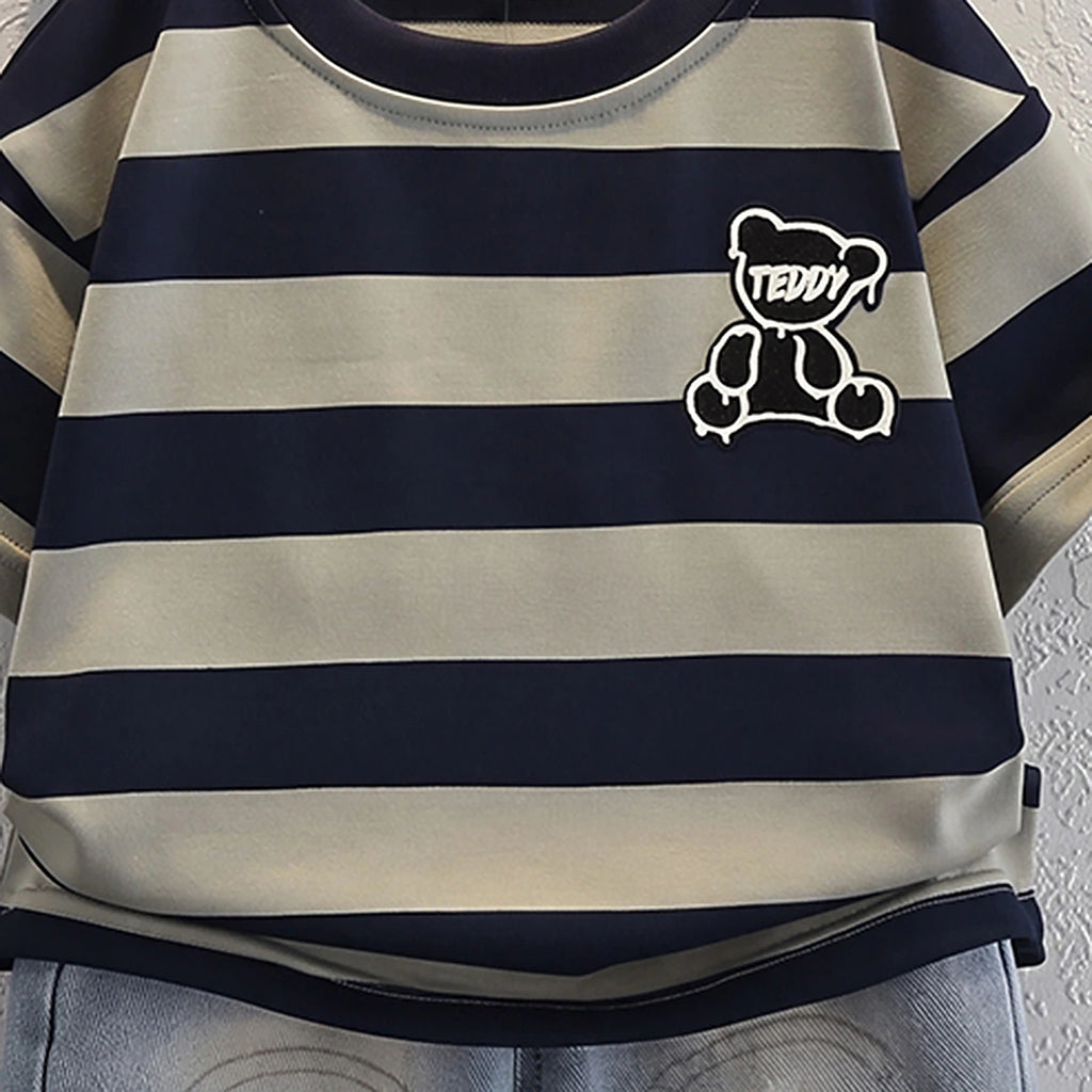 Boys Blue Short Sleeve Striped T-Shirt With Distressed Denim Shorts Sets 2 pc. Sets