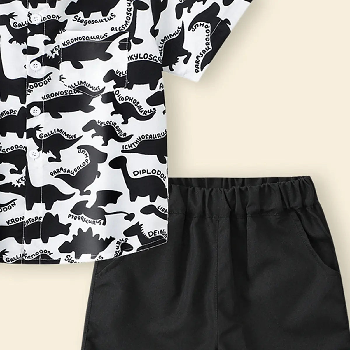 Boys Black Dinosaur Print Short Sleeves Button-Down Shirt With Shorts Set Sets