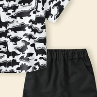 Boys Black Dinosaur Print Short Sleeves Button-Down Shirt With Shorts Set Sets