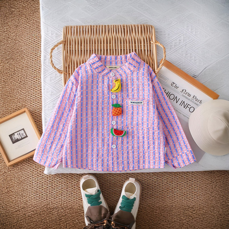 Boys Pink Stripes Fruits Applique Shirt With Denim Pants Set 2 pc. Sets
