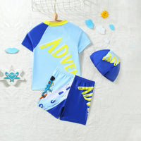 Boys Sky Blue Dinosaur Printed Short Sleeves T-Shirt & Shorts With Cap Swimsuit Sets Sets