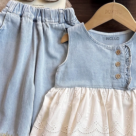 Girls Light Blue Sleeveless Top With Denim Shorts Sets 2 pc. Sets