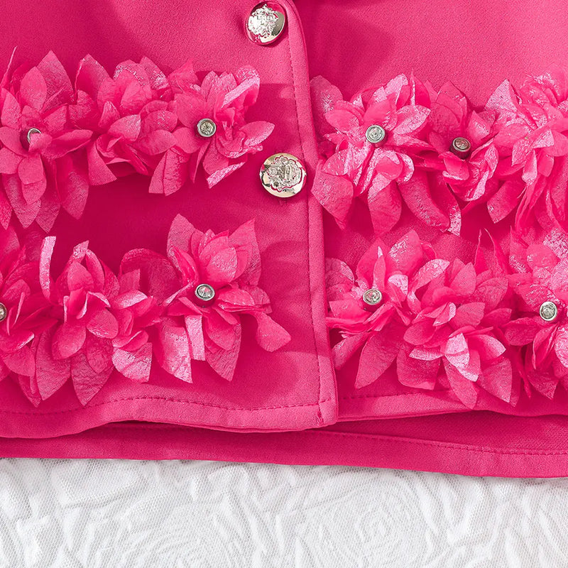 Girls Fuchsia Floral Applique Top With Camisole Top & Pleated Skirt Sets 3 pc. Sets