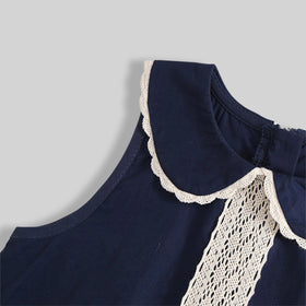 Girls Navy Blue Lace Detailed Peter Pan Collar A-Line Dress Casual Dresses