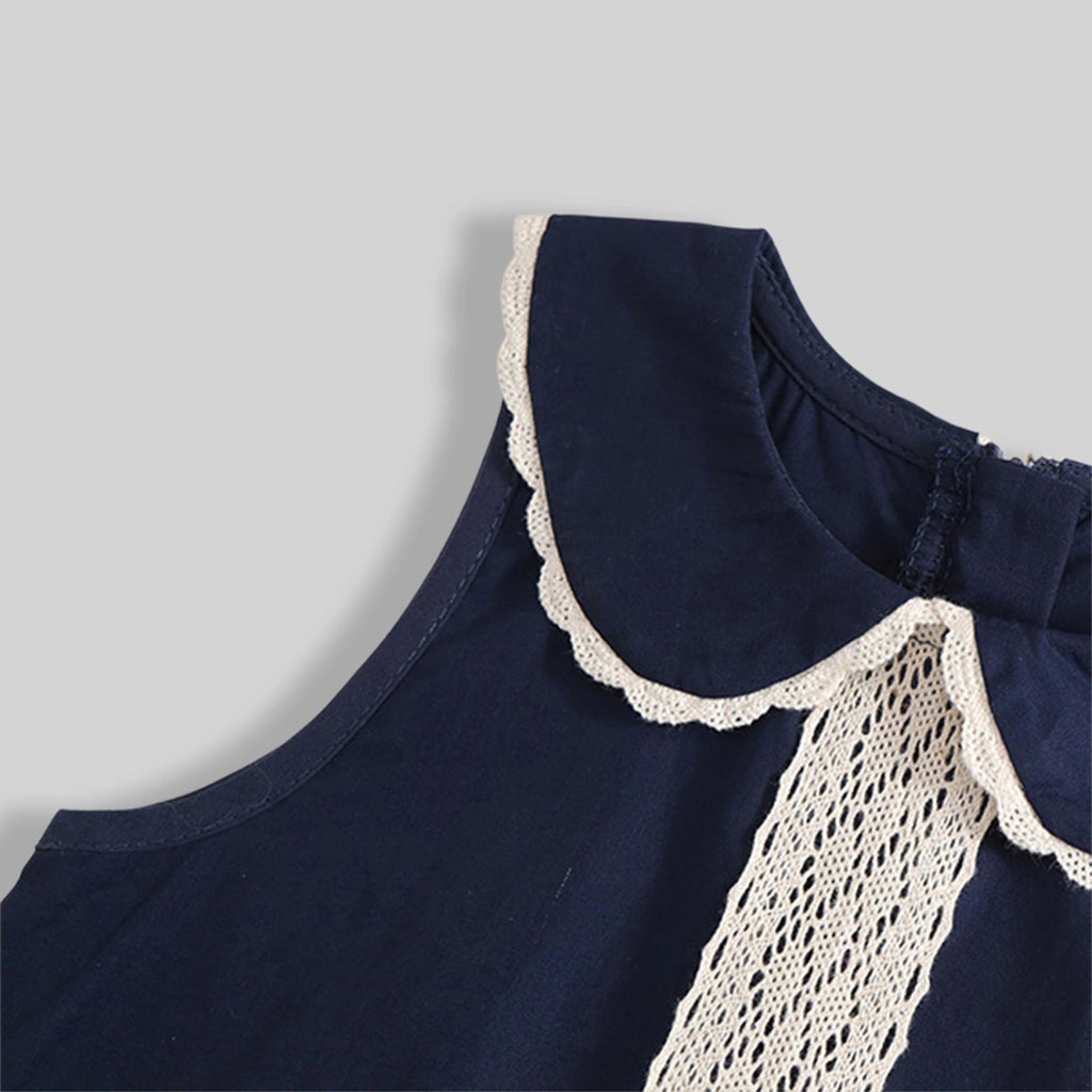 Girls Navy Blue Lace Detailed Peter Pan Collar A-Line Dress Casual Dresses