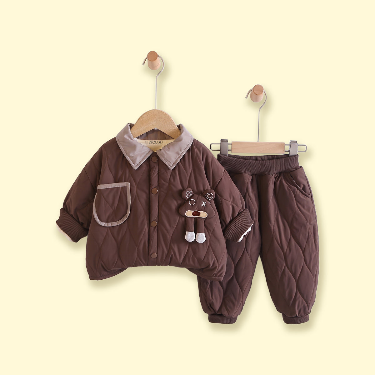 Boys Dark Brown Quilted Jacket & Joggers Co-ord Sets Sets Dark Brown 1-2 Y