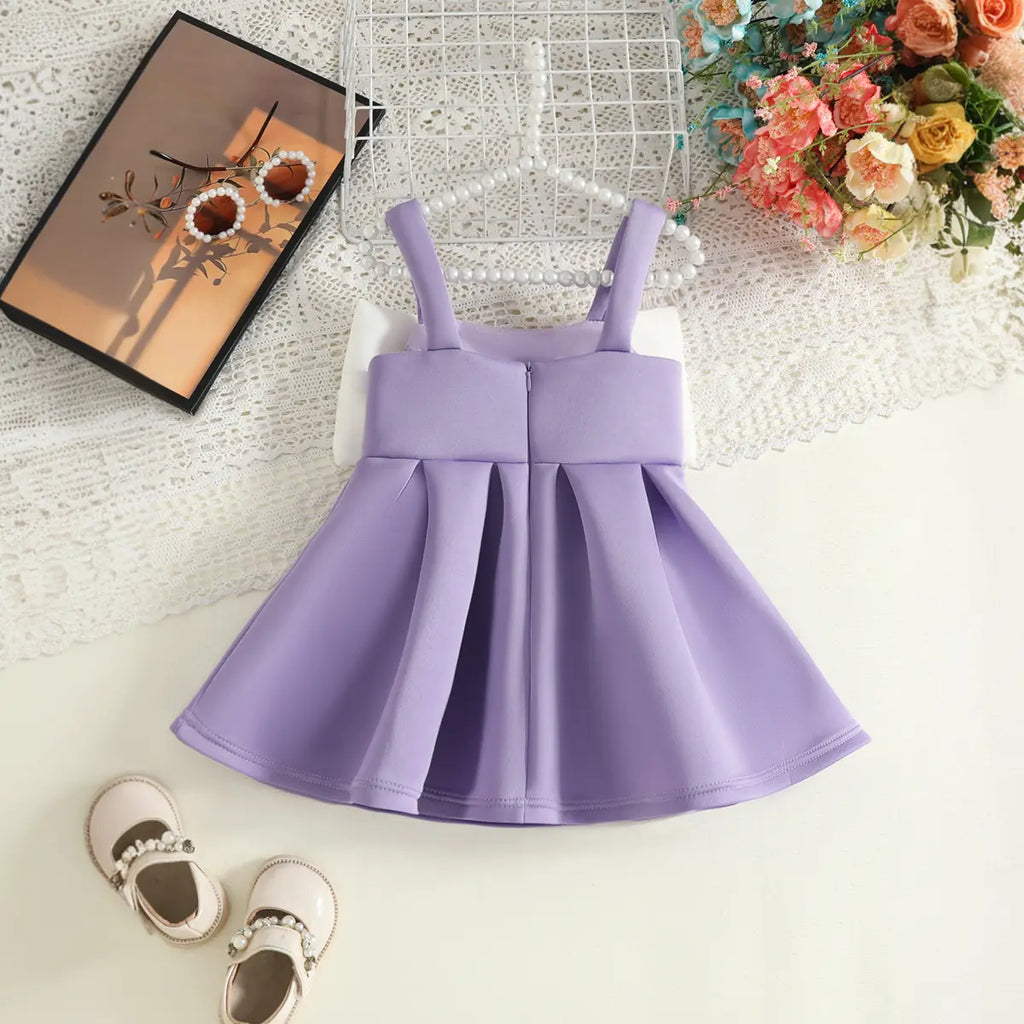 Girls Purple Sleeveless Fit & Flare Party Wear Dress With Embellished Bow Applique Party Dresses