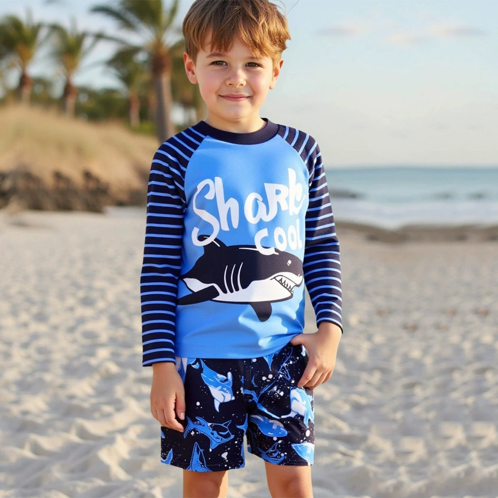 Boys Blue Shark Printed T-Shirt With Shorts Swimwear Sets Sets