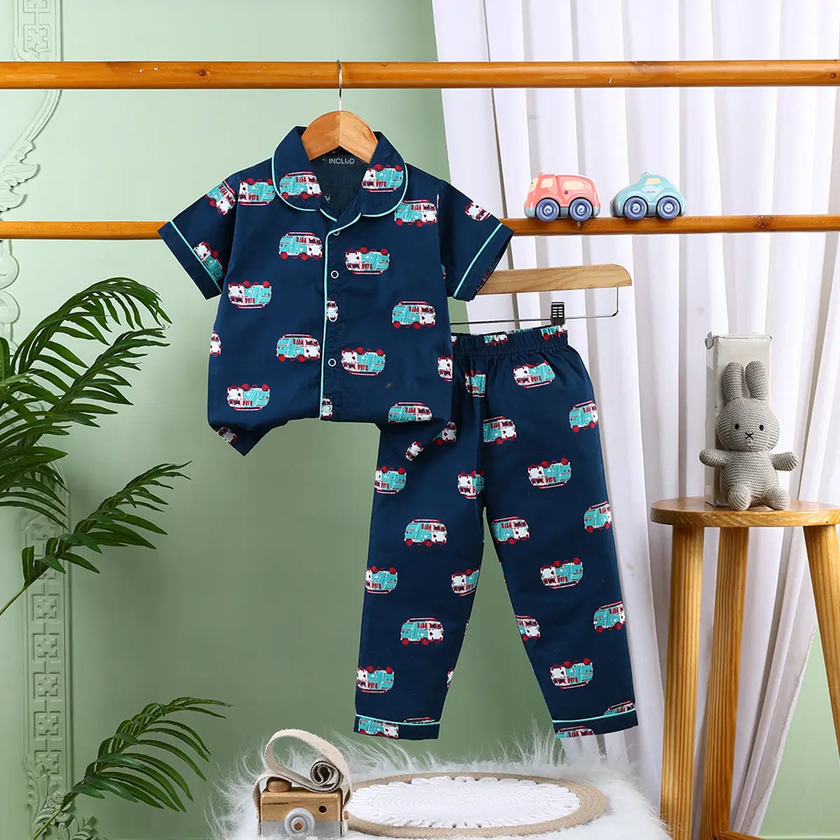 Girls Navy Blue Car Printed Short Sleeve Shirt With Printed Pyjama Sets Sets Navy Blue 6-9 M