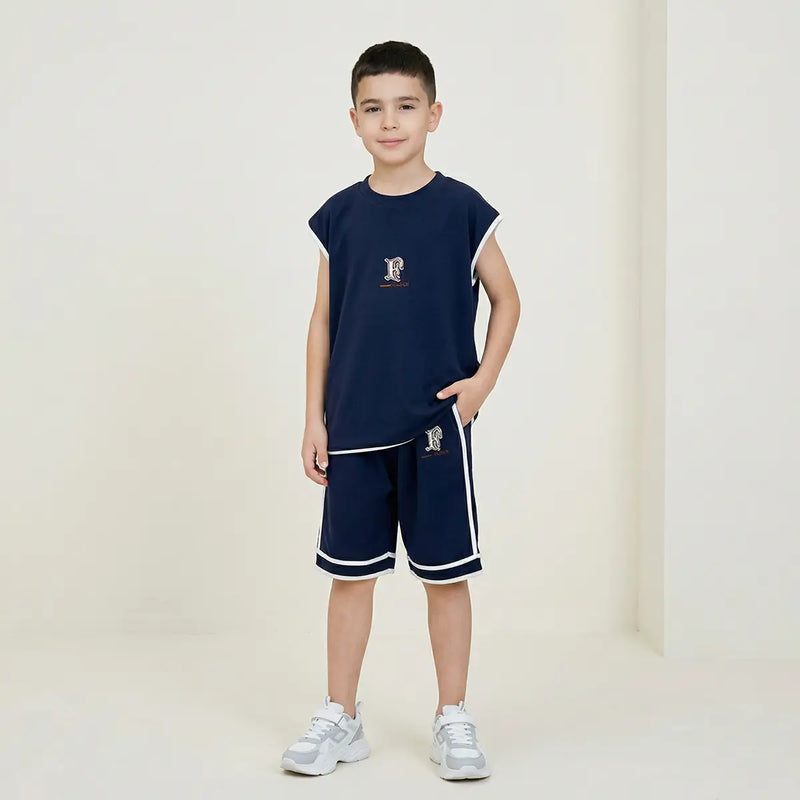 Boys Navy Blue Typographic Print Sleeveless T-Shirt With Shorts Co-ord Sets Sets Navy Blue 5-6 Y