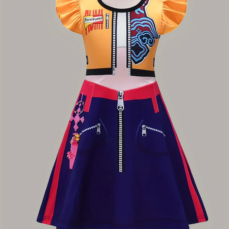 Girls Multicolor Graphic Flutter Sleeve A-Line Dress Casual Dresses