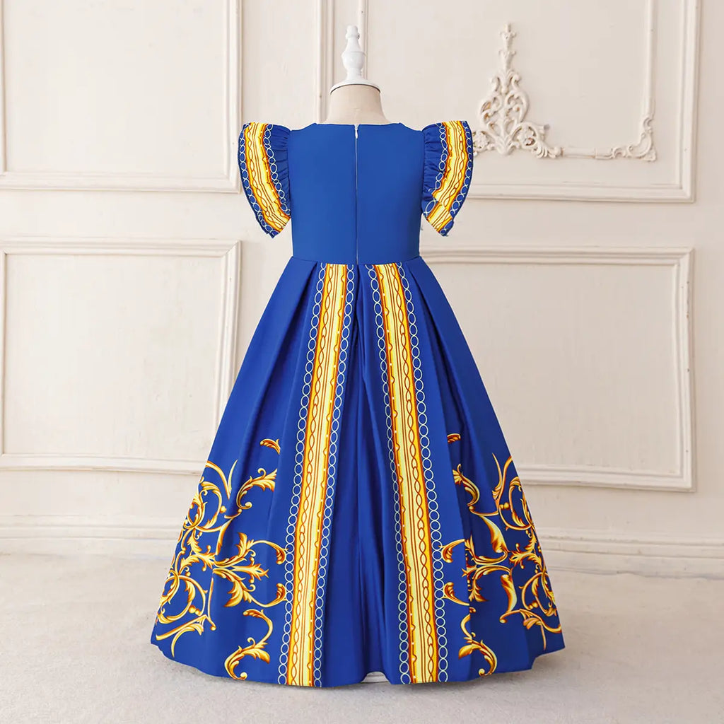 Girls Blue Printed Fit & Flare Dress With Flutter Sleeves Casual Dresses