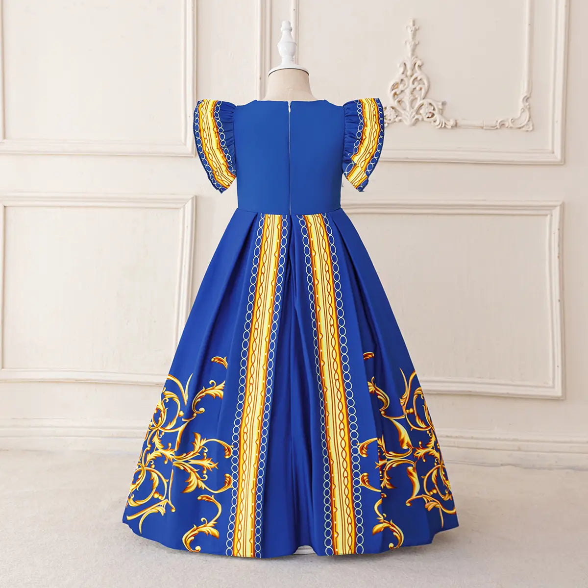 Girls Blue Printed Fit & Flare Dress With Flutter Sleeves Casual Dresses