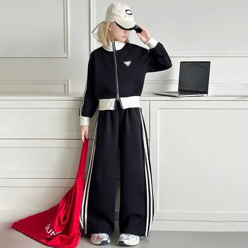 Girls Black Solid Front Zipper Jacket With Flared Pants Winter Set 2 pc. Sets