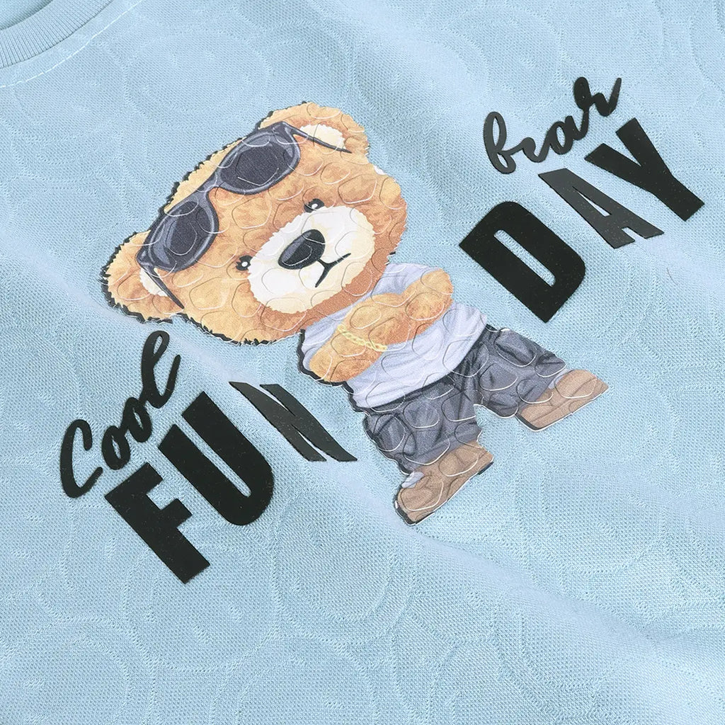Boys Sea Green Typographic Printed Short Sleeve T-shirts With Elasticated Shorts Sets Sets