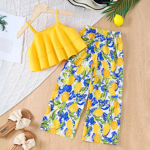 Girls Yellow Sleeveless Ruffled Top With Fruit Print Pants Sets 2 pc. Sets