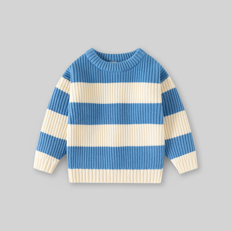 Boys Blue Regular Sweater With Self-Design Stripe Patterns Sweaters & Cardigans