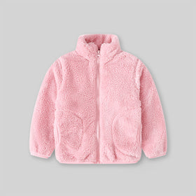 Girls Pink Solid Polar Fleece Zip Up Winter Jacket Coats & Jackets