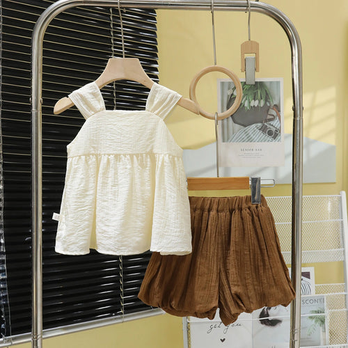 Girls Brown Textured Bow Detail Sleeveless Top With Shorts Set Sets