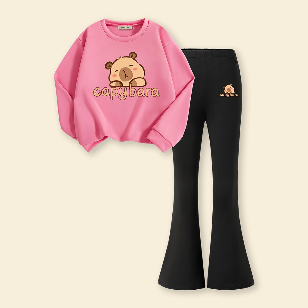 Girls Pink Printed Long Sleeve Sweatshirt With Pants Sets 2 pc. Sets Pink 7-8 Y