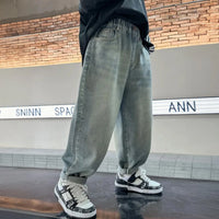 Boys Light Blue Loose Fit Denim Pants with Graphic Print Pants