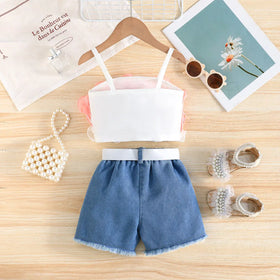 Girls Orange Ruffle Applique Sleeveless Top With Denim Short And Self Fabric Belt Sets 2 pc. Sets
