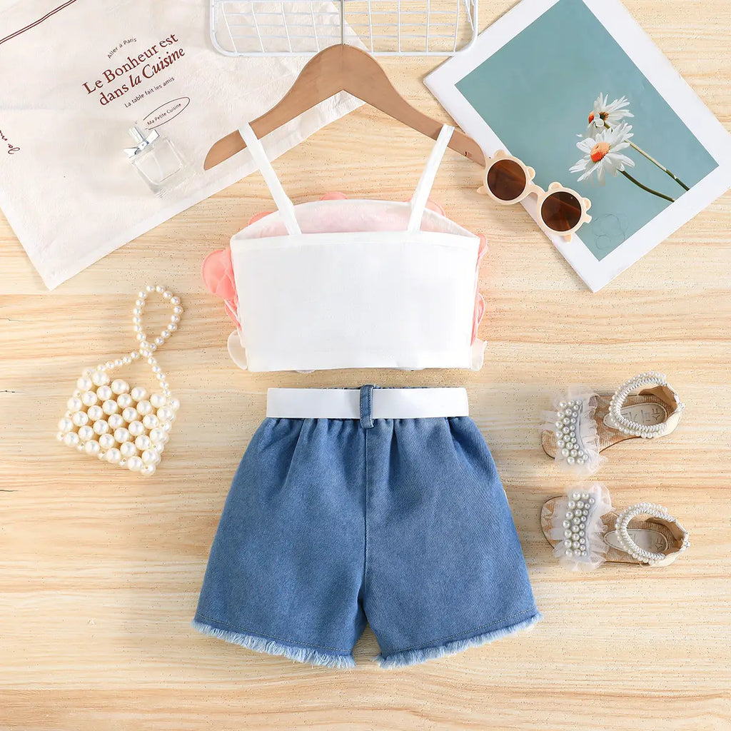 Girls Orange Ruffle Applique Sleeveless Top With Denim Short And Self Fabric Belt Sets 2 pc. Sets
