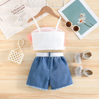 Girls Orange Ruffle Applique Sleeveless Top With Denim Short And Self Fabric Belt Sets 2 pc. Sets