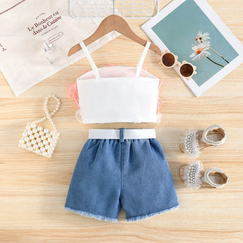 Girls Orange Ruffle Applique Sleeveless Top With Denim Short And Self Fabric Belt Sets 2 pc. Sets