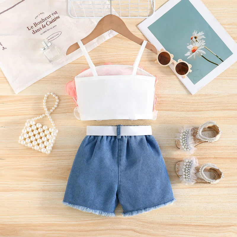 Girls Orange Ruffle Applique Sleeveless Top With Denim Short And Self Fabric Belt Sets 2 pc. Sets