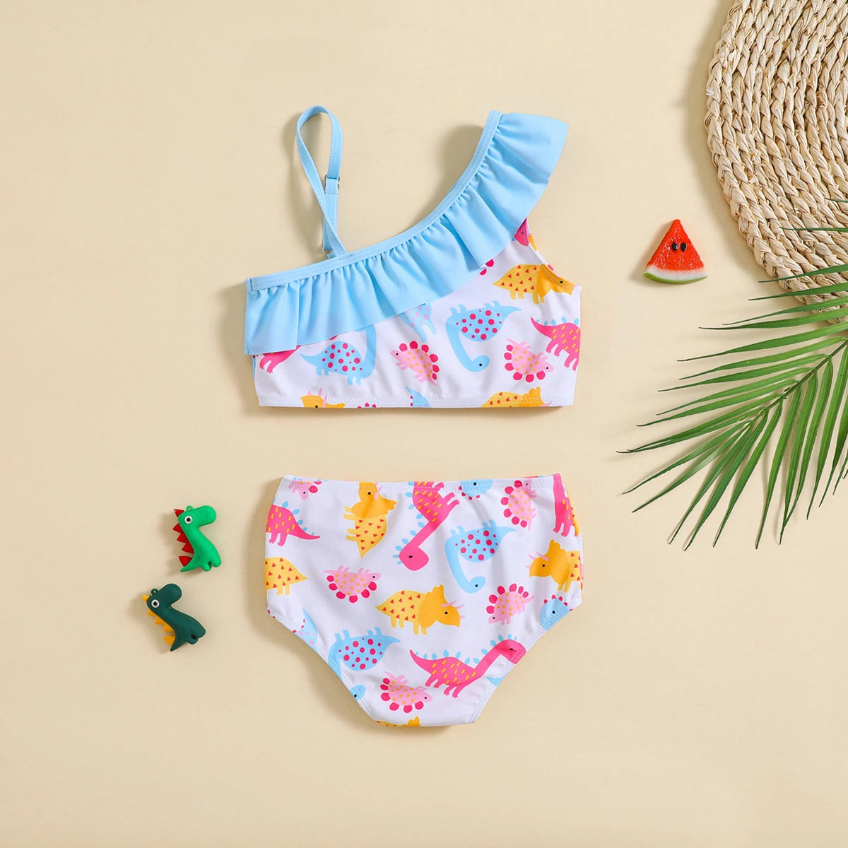 Girls White Dinosaur Printed One Shoulder Top With Briefs Swimwear Sets Sets