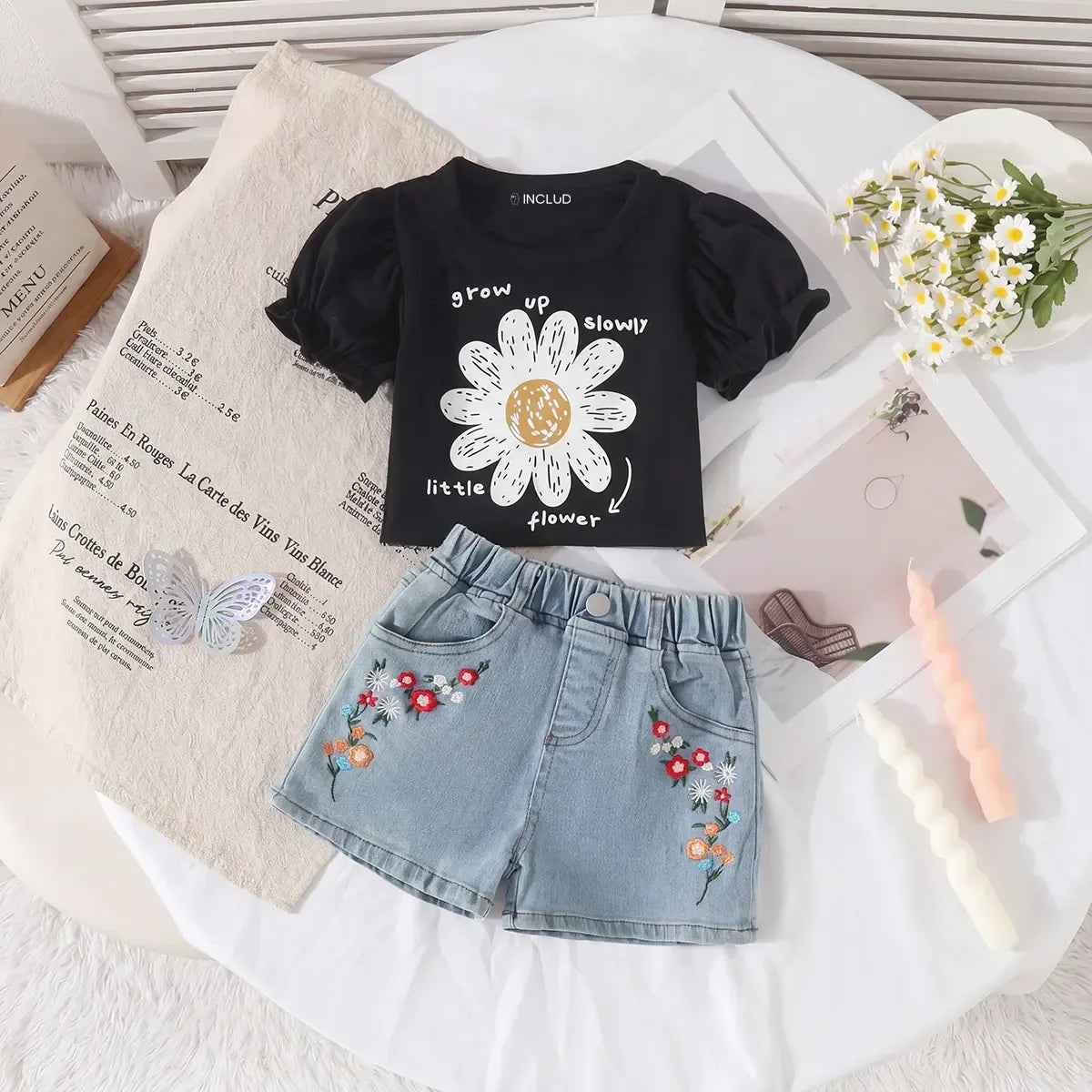 Girls Black Floral Print Top With Embroidered Denim Shorts Set Sets Black 2-3 Y
