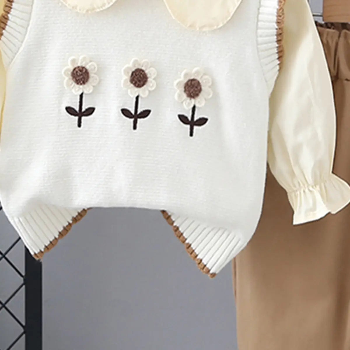 Girls White Floral Embroidered Sweater Vest With Top & Pants Set Sets