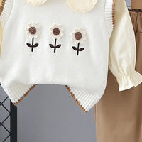 Girls White Floral Embroidered Sweater Vest With Top & Pants Set Sets