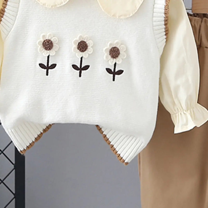 Girls White Floral Embroidered Sweater Vest With Top & Pants Set Sets