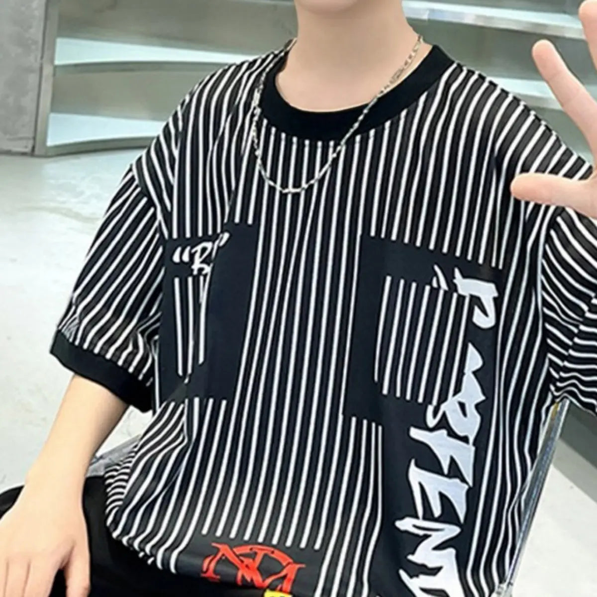 Boys Black Stripes Short Sleeves Oversized T-Shirt With Shorts Set Sets