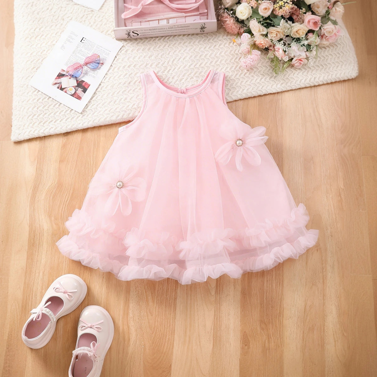 Girls Light Pink Flower Applique Tulle Overlay Sleeveless A-line Dress Casual Dresses Light Pink 1-2 Y