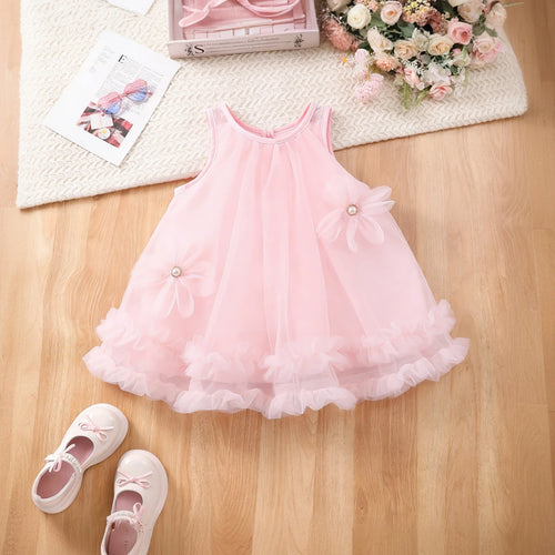 Girls Light Pink Flower Applique Tulle Overlay Sleeveless A-line Dress Casual Dresses Light Pink 1-2 Y