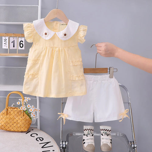 Girls Yellow Flower Applique Top With Shorts Sets 2 pc. Sets Yellow 1-2 Y