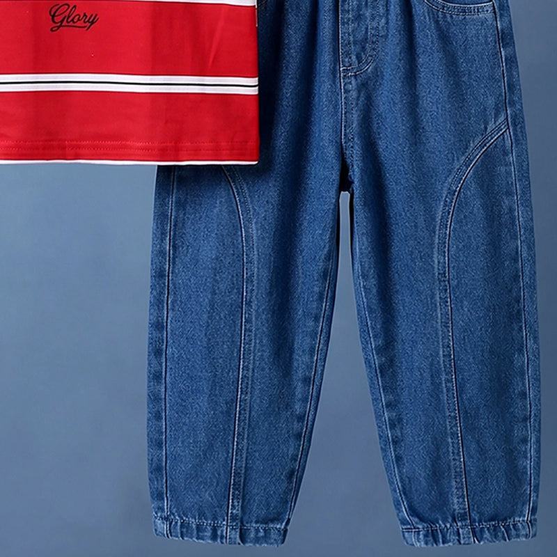 Boys Red Striped Alphanumeric Print T-Shirt With Denim Jeans 2 pc. Sets
